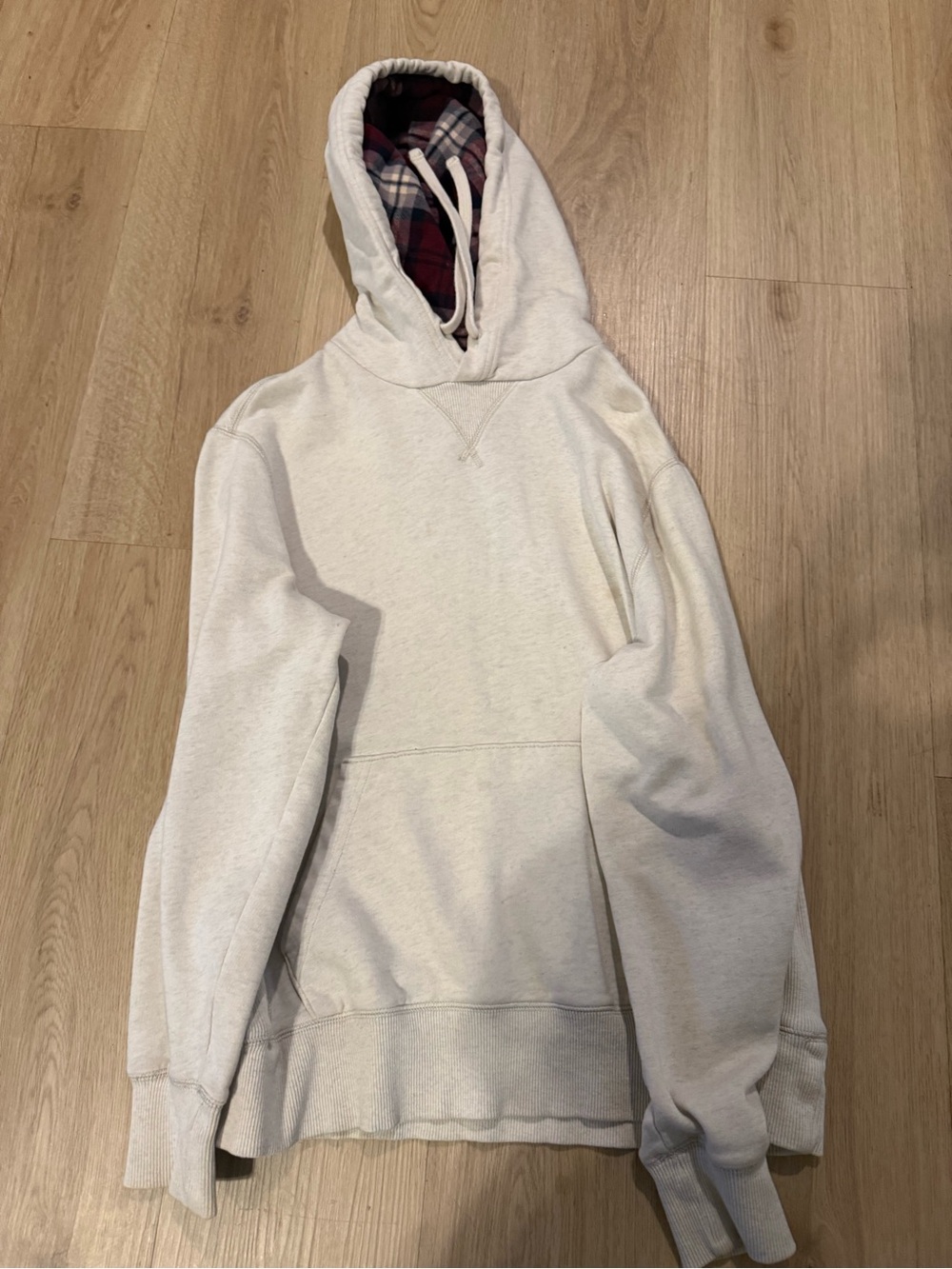 Hooded Sweatshirt in Light Cream with Plaid Lining